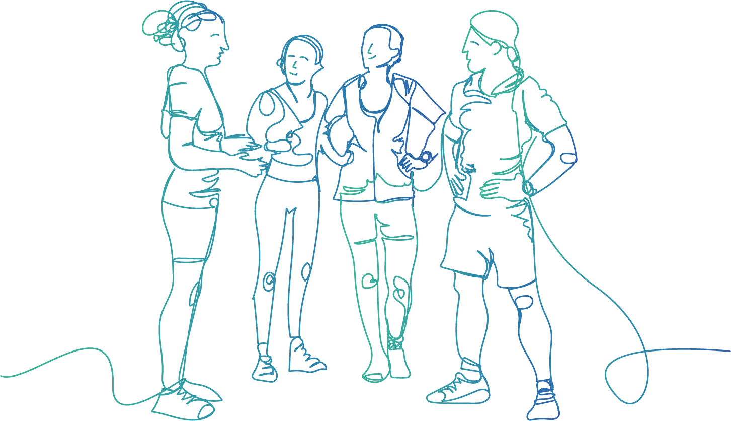 Drei joggende Personen im Gespräch, einstrichig